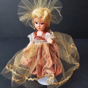 Vintage 1960s Hong Kong Fashion Blonde Doll 6" in a Gold Mesh Gown